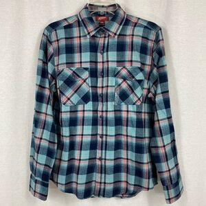 Arizona Jean Soft Plaid Button-Up Shirt in Teal & Navy